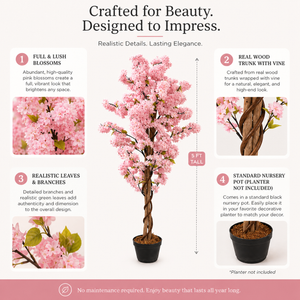5 ft Tall Faux Pink Sichuan Cherry Blossom Tree, Realistic Artificial Indoor Plant for Living Room, Office & Patio Decor-Sona Casa