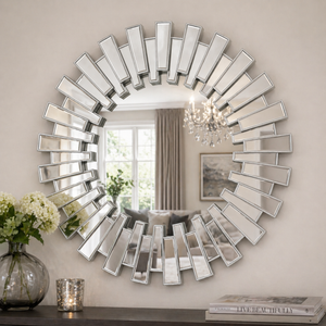 Silver 66 cm Round Wall Mirror with Decorative Sunburst Frame, Modern Silver Finish, Elegant Home Accent