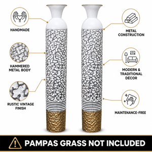 Set of 2 Tall White and Silver Round Metal Vases for Modern Home Decor, 14x14x106.7 cm