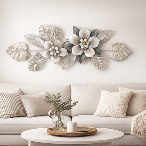Large Metal Flower Wall Art, 3D Floral Wall Sculpture, Modern Botanical Decor with Silver & Gray Leaves, Textured Metal Wall Decor for Living Room, Bedroom, or Entryway-Sona Casa