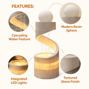 Tall Modern Spiral Floor Water Fountain with LED Lights & Orb, 112cm Home or Office Decor by Sona Casa
