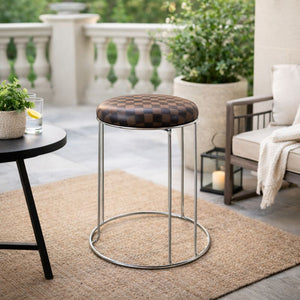 Petite Lightweight Brown Black Pattern Stool with Silver Frame, Fabric Seat Compact Living Room Accent Home Decor by Sona Casa