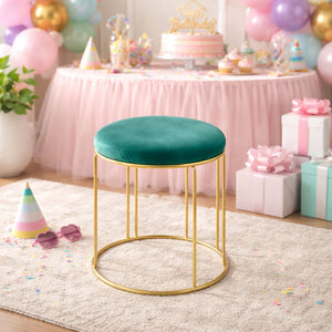 Petite Lightweight Green Stool with Gold Frame, Fabric Seat Compact Living Room Accent Home Decor by Sona Casa