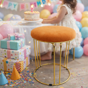 Petite Lightweight Brown Stool with Gold Frame, Fabric Seat Compact Living Room Accent Home Decor by Sona Casa