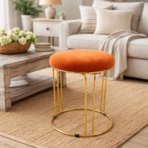 Petite Lightweight Brown Stool with Gold Frame, Fabric Seat Compact Living Room Accent Home Decor by Sona Casa