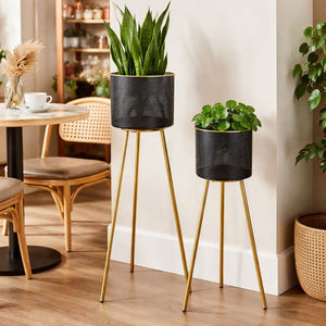 Modern Black Metal Plant Pot, Set of 2 Planters, Gold Tripod Stand, Indoor Outdoor Gift Decor for Home or Office-Sona Casa