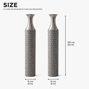 Set of 2 Tall Silver Metal Floor Vases with Modern Minimalist Design, 15x15x107 cm, Elegant Home Decor Accent