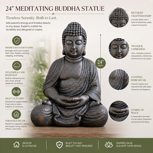 Tall Buddha Statue, Large 24" Temple Indoor Outdoor Sculpture, Living Room Garden Patio Statuary Decor - Accent Collection