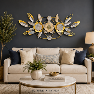 Large Gold Metal Wall Decor with Floral and Leaf Motif, 18 x 50 inch Elegant 3D Botanical Sculpture Home Office Decor-Sona Casa