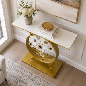 Marble Console Table with Round Floral Base, Elegant White and Gold Accent, 100x35x78 cm Premium Home Decor Accent