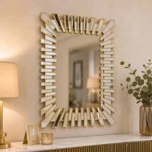 Decorative wall mirror with geometric design in a home setting