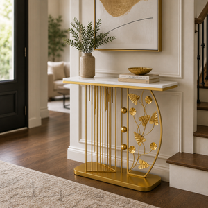 Modern Gold Console Table with Designer Base, Sleek Metallic Finish, Ideal for Entryway or Living Room Decor