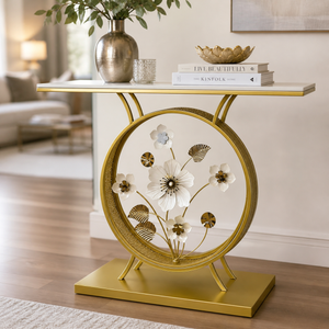 Marble Console Table with Round Floral Base, Elegant White and Gold Accent, 100x35x78 cm Premium Home Decor Accent