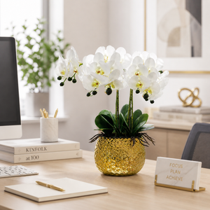Elegant Gold Ceramic Vase with Artificial White Orchid Design, Glossy Finish, 17x42cm, Premium Home Decor Accent by Sona Casa
