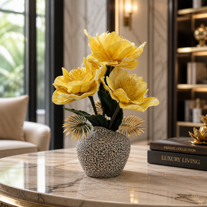 Tall Brown Ceramic Vase with Yellow Artificial Floral Arrangement, Modern Rustic Home Decor, 17x42cm by Sona Casa