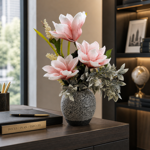 Gray Ceramic Planter with Pink and White Artificial Flowers, Modern Floral Home Decor, 17x42cm by Sona Casa