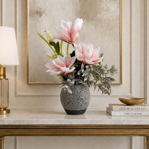 Gray Ceramic Planter with Pink and White Artificial Flowers, Modern Floral Home Decor, 17x42cm by Sona Casa
