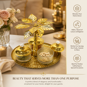 Gold Tree Design Metal Tray with Two Glass Jars, Decorative Gold Finish, 24" Square Premium Home Accent