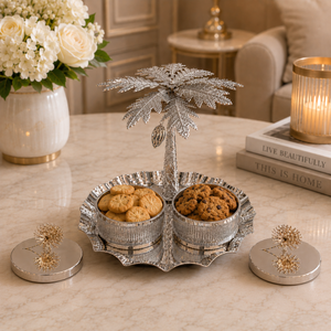 Silver Tree Metal Serving Tray with 2 Glass Bowls and Lids – Decorative Silver Finish, 24x24x21.5 cm