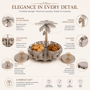 Silver Tree Metal Serving Tray with 2 Glass Bowls and Lids – Decorative Silver Finish, 24x24x21.5 cm