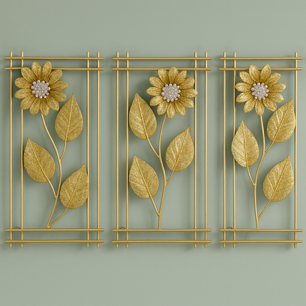 3 Piece Gold Flowers Metal Wall Decor Set, Elegant Floral Sculptures, 50cm Tall x 30cm Wide Panels Home Office Decor-Sona Casa