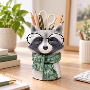 Grey and cream raccoon pen holder with black round glasses and a sage green textured scarf
