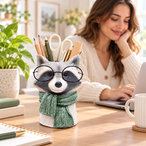 Raccoon desk organizer holding stationery beside a laptop in a home office