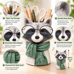 Raccoon holder feature guide showing open-top storage, resin texture, round glasses and green knit-look scarf