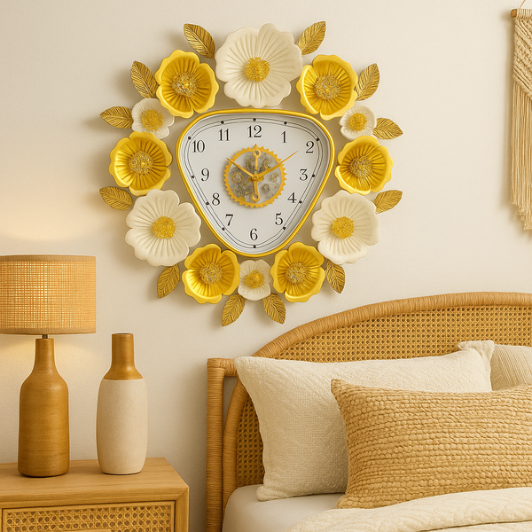 Gold and White Floral Designer Wall Clock, Large Modern Metal Art, Geometrical Triangle Clock for Home Living Room Decor-Sona Casa