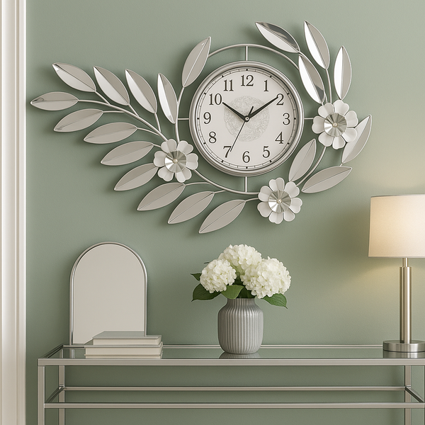 Large Silver Metal Wall Clock, Modern Floral Quartz Decor for Living Room & Home, Analog Decorative Clock-Sona Casa