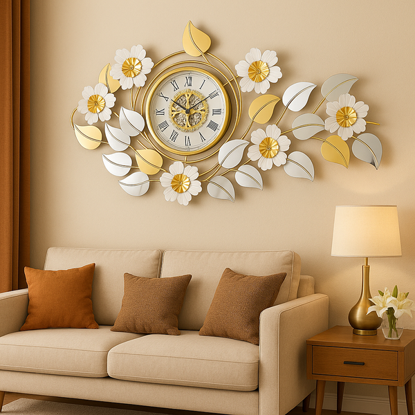Large Elegant Wall Clock with Quartz Movement, Gold White Silver Floral Design, Modern Decorative Home Accent Clock-Sona Casa