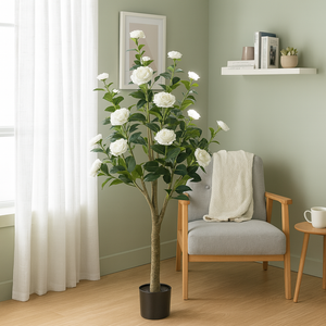 Faux Camellia Tree, 5 ft Tall Faux White Camellia Tree Plant in Cement Base, Indoor Decor for Home or Office, Housewarming Gift-Sona Casa