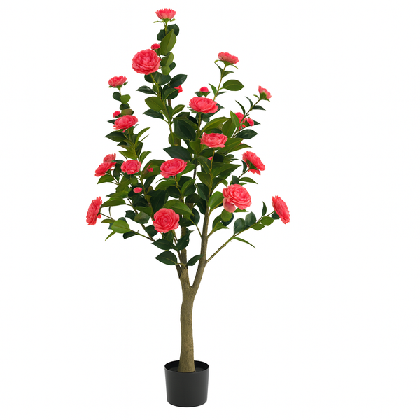 Artificial Flowering Tree, 5 ft Tall Fake Pink Camellia Tree Plant in Cement Base, Indoor Decor for Home or Office, Gift-Sona Casa
