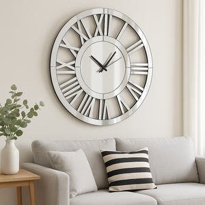 Large 60 cm Round Glass Mirror Wall Clock, Modern Roman Numeral Decorative Clock, Above Bed, Couch Decor, Gift-Sona Casa