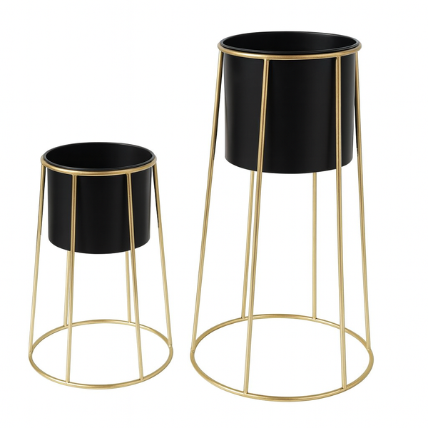 Modern Black Metal Pots Set Indoor Planters with Golden Stand for Fresh or Artificial Plants Living Room Office Decoration, Gifts-Sona Casa