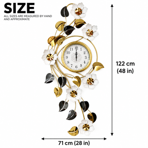 Large 48 Inch Floral Wall Clock in Gold White Silver Finish, Modern Quartz Movement, Decorative Horizontal & Vertical Home Accent-Sona Casa