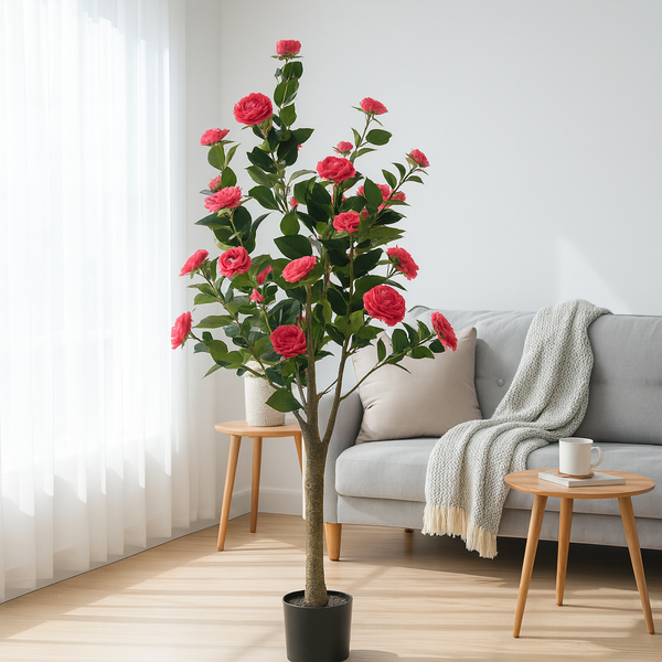 Artificial Flowering Tree, 5 ft Tall Fake Pink Camellia Tree Plant in Cement Base, Indoor Decor for Home or Office, Gift-Sona Casa