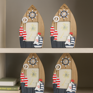 Small Boat Shaped Wooden Photo Holder Pack of 4, 7 inch Decorative Picture Frames by Sona Casa