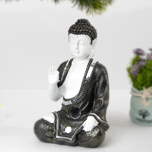 Buddha Statue in White and Antique Silver, Zen Mode by Accent Collection Home Decor