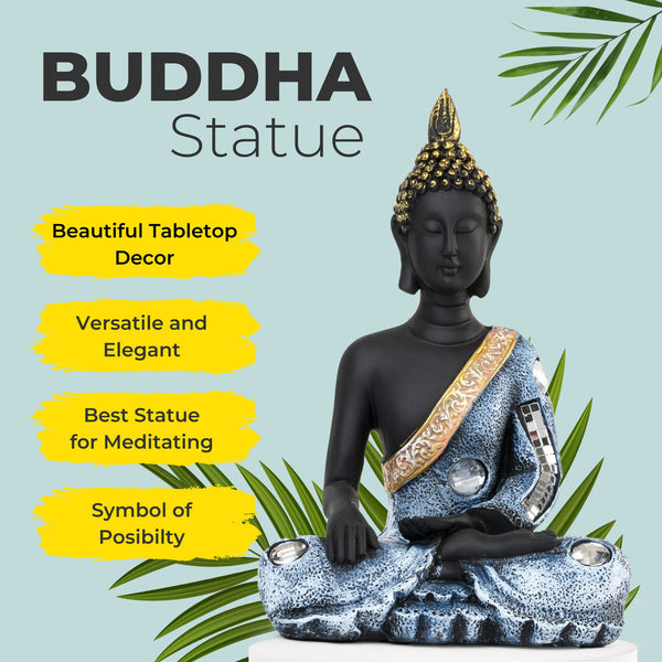 Buddha Statue in Black, Blue and Golden, Meditative Pose by Accent Collection Home Decor