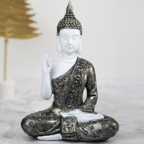 Buddha Statue in White and Antique Silver, Graceful Posture by Accent Collection Home Decor