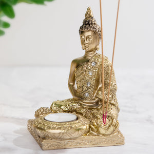 Golden Buddha Statue & Tealight Candle Holder - Zen Yoga Decor, Spiritual Meditation Gift, Large Incense Burner Kit With Stick Holder by Accent Collection