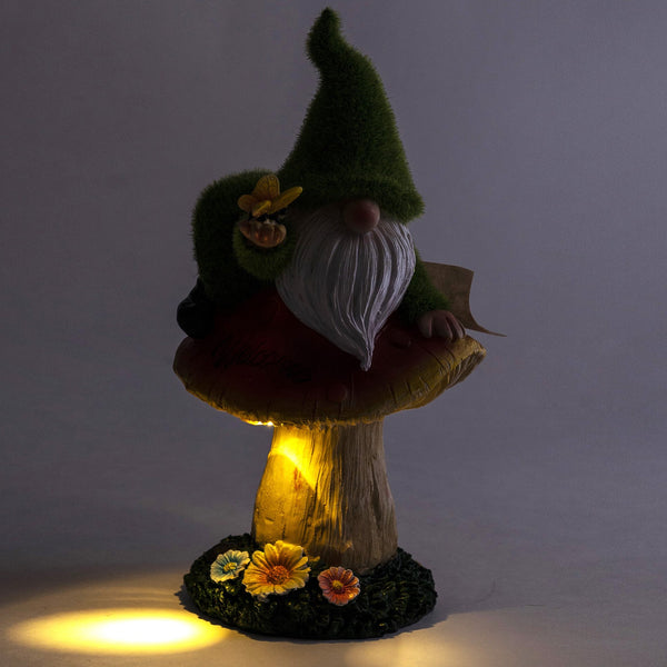 Solar LED Light Gnome On Mushroom, Resin Garden Figurine in Green, White & Red by Accent Collection
