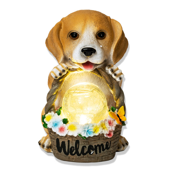 Brown Resin Dog Statue With Solar Garden Light And Welcome Basket by Accent Collection