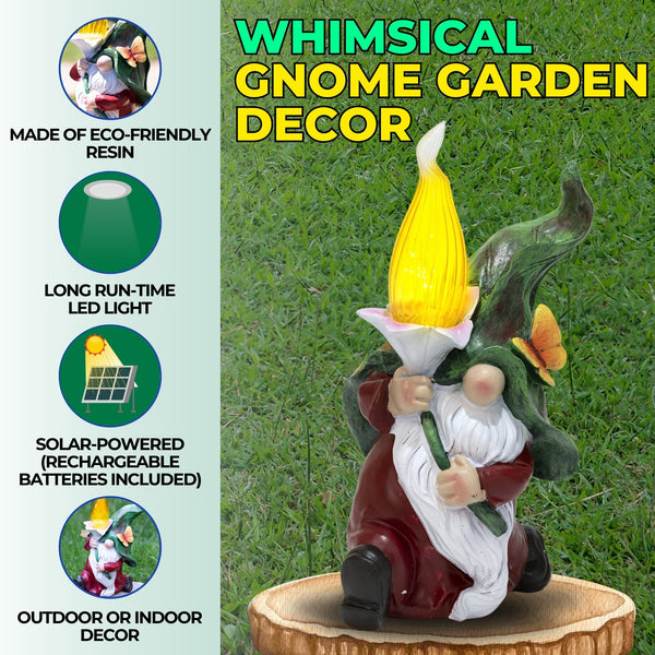 Garden Gnome with Torch Flame, Solar LED Light, Outdoor Yard Decoration, Gift by Accent Collection Home Decor