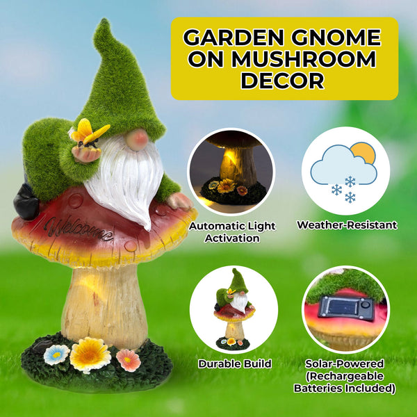 Solar LED Light Gnome On Mushroom, Resin Garden Figurine in Green, White & Red by Accent Collection
