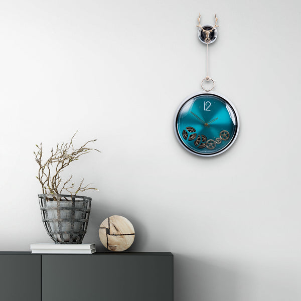 Luxury Wall Clock, Golden with Teal Dial, Metal Clock with Moving Gears by Accent Collection Home Decor