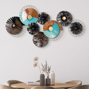 Large 80Cm Metal Wall Hanging In Blue, Brown & Black - Circular Plates Abstract Art For Cozy Bedroom Decor by Accent Collection