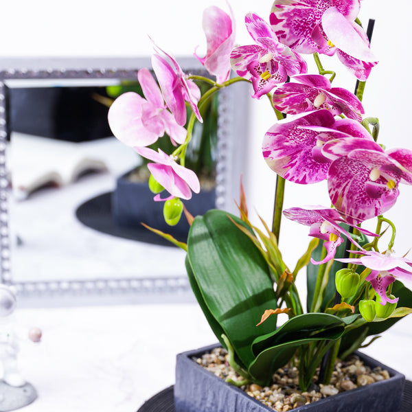 Elegant Pink Faux Orchid In Rustic Cement-Like Resin Planter, Realistic Desk And Shelf Decor by Accent Collection