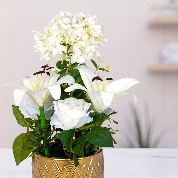 Faux Plant, Lilies and Rose in Golden Ceramic Planter, White by Accent Collection Home Decor